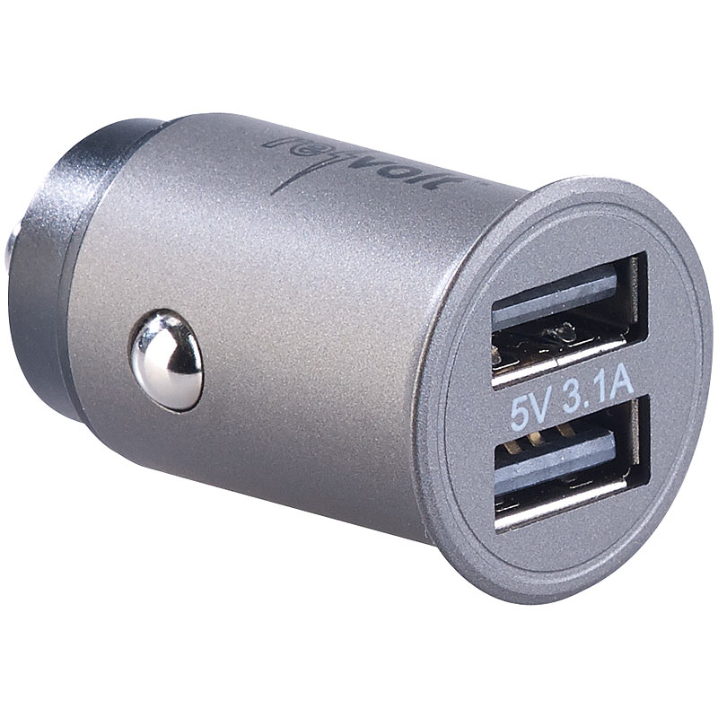 Mini-Kfz-USB-Ladegerät mit 2 Ports, für 12/24 V, 3,1 A, 15,5 W, Alu