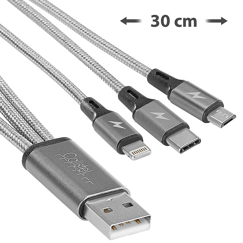 3in1-Schnellladekabel: Micro-USB, USB C & Lightning, Textil, 30 cm, 3A