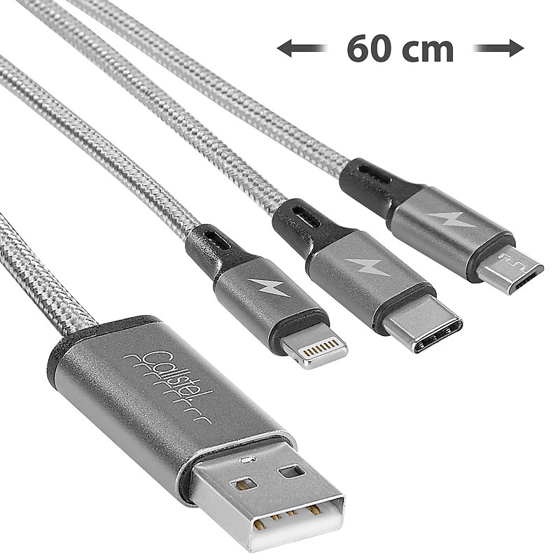 3in1-Schnellladekabel: Micro-USB, USB Typ C & Lightning, Textil, 60 cm
