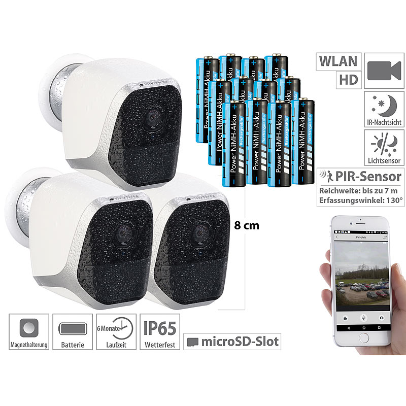 3er-Set IP-HD-Überwachungskameras mit App, IP65, 12 Akkus