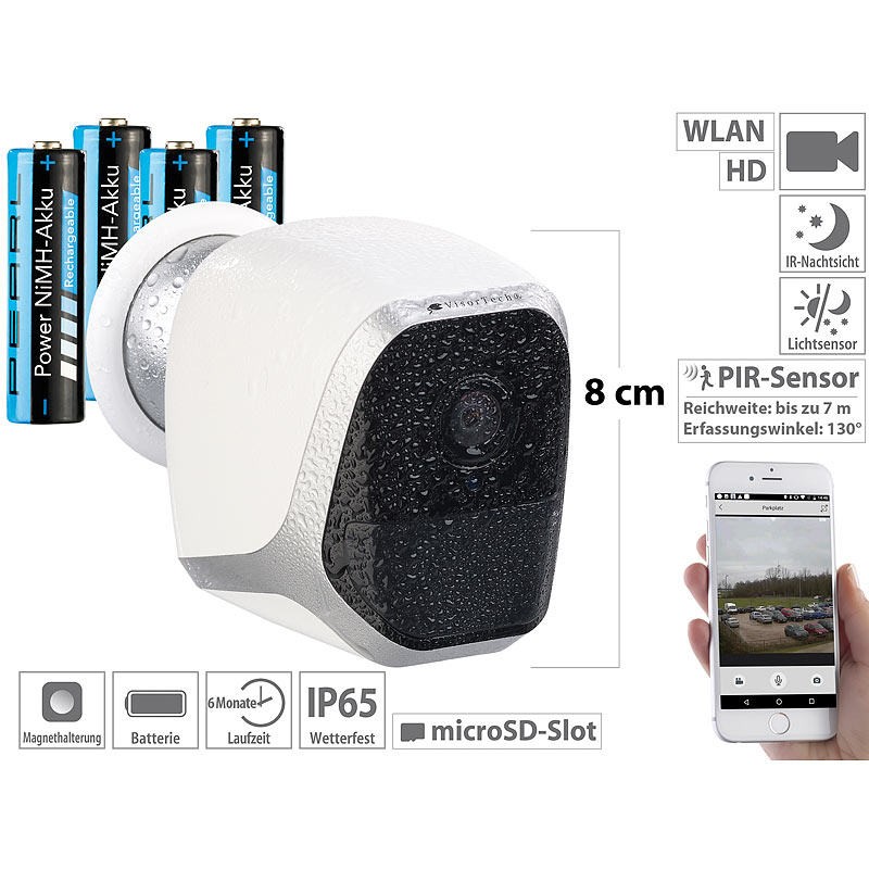 IP-HD-Überwachungskamera mit App, IP65, bis 6 Monate Stand-by, 4 Akkus
