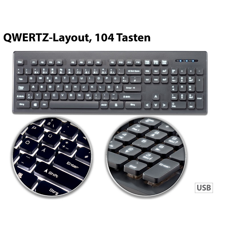 Beleuchtete Business-USB-Tastatur mit Nummernblock, QWERTZ