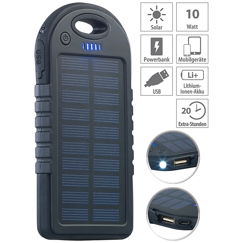 Solar-Powerbank mit 4.000 mAh & Taschenlampe, 2x USB, bis 2 A, 10 Watt