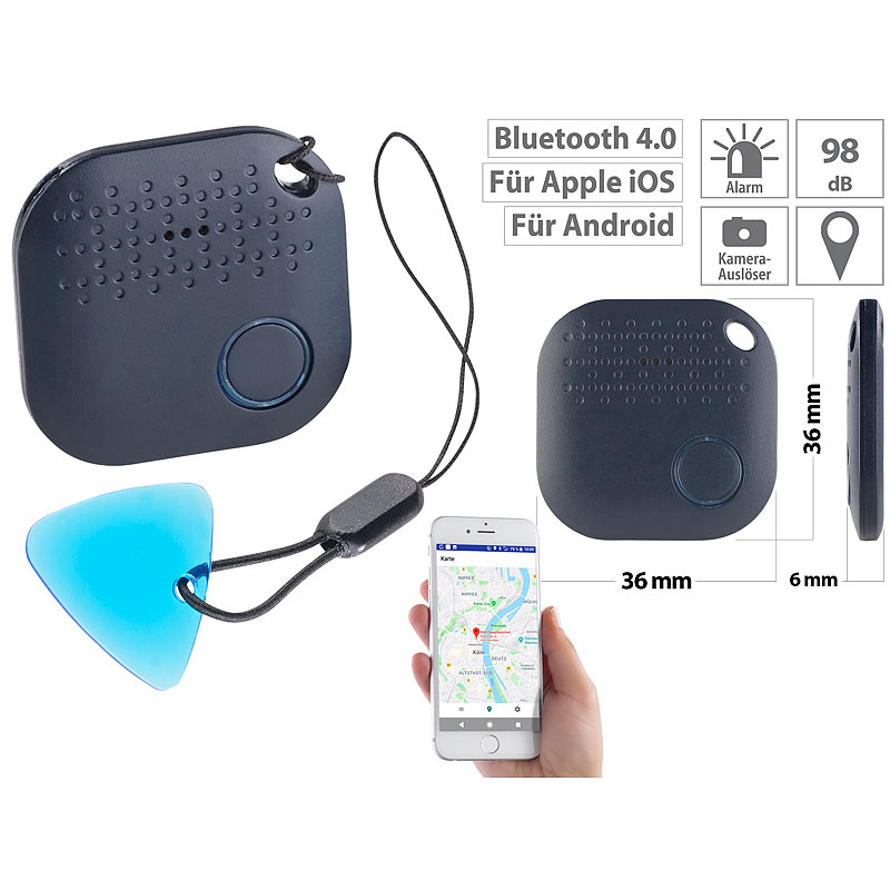 4in1-Mini-Schlüsselfinder mit Bluetooth, App & GPS-Ortung, 98 dB