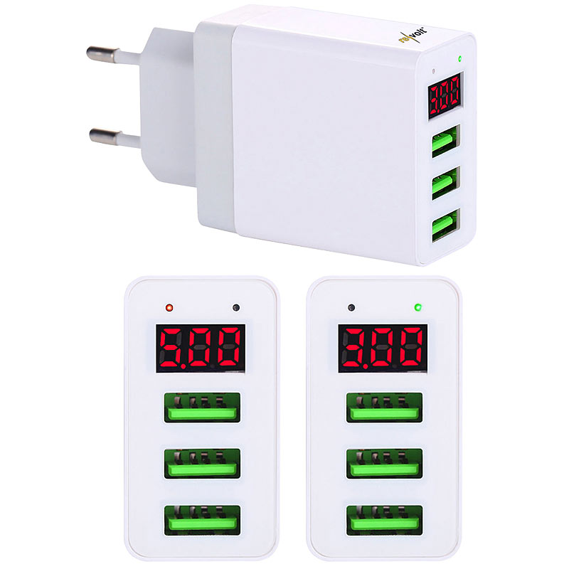 Intelligentes 3-Port-USB-Wandnetzteil mit LED-Display, 3,1 A, 15,5 W