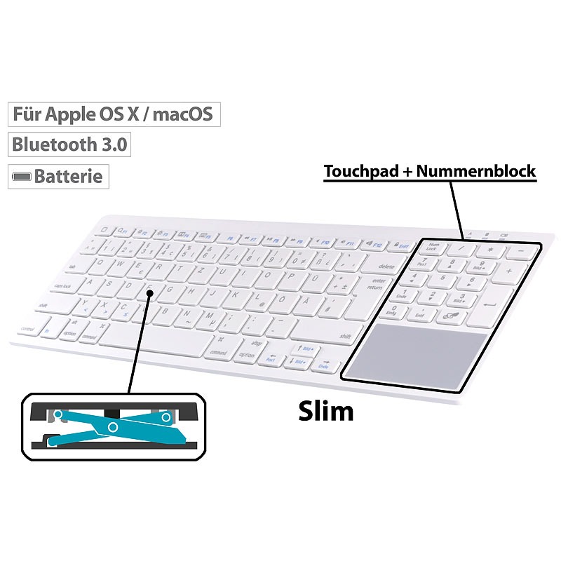 Tastatur mit Bluetooth, für macOS m. Touchpad, Scissor-Tasten