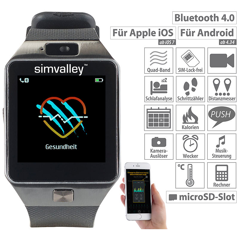 Handy-Uhr & Smartwatch mit Kamera, Bluetooth 4.0, für iOS & Android