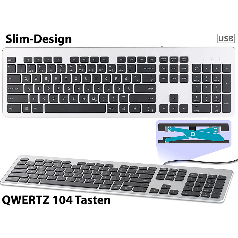 USB-Voll-Tastatur, Super-Slim mit Scissor-Tasten, Ziffernblock, flach