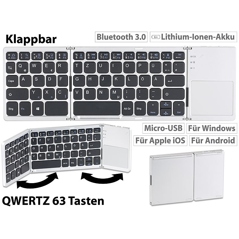 Faltbare Tastatur mit Bluetooth, Touchpad für Android, iOS und Windows