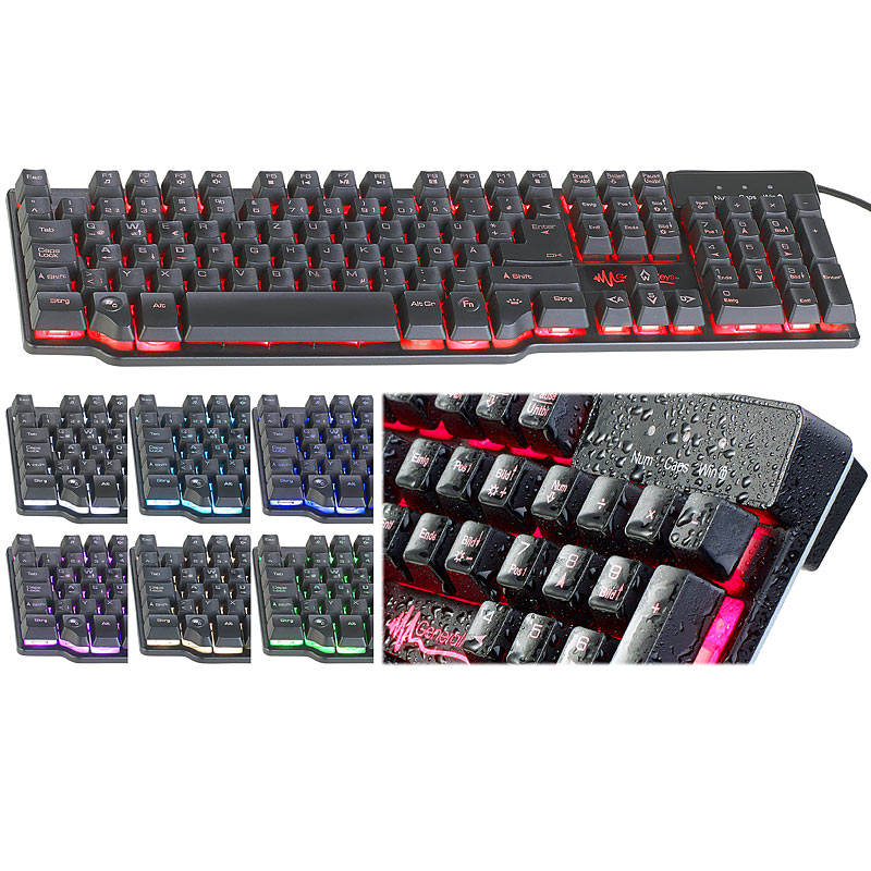 Halbmechanische USB-Gaming-Tastatur, 7-farbig beleuchtet, wasserfest