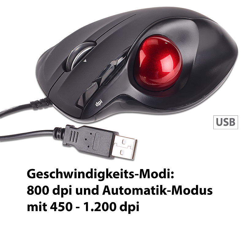 USB-Laser-Trackball, 5 Tasten und 4-Wege-Scrollrad, 1.200 dpi