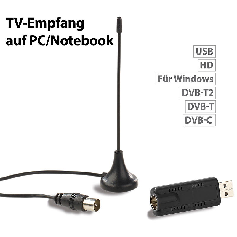 DVB-T2/C-USB-Stick für TV-Empfang auf PC mit Windows, H.265