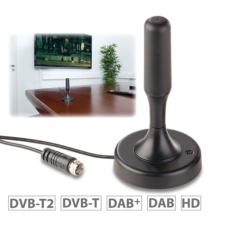 Aktive DVB-T/T2-Zimmerantenne, +30 dB, LTE-Filter, 13 cm, schwarz