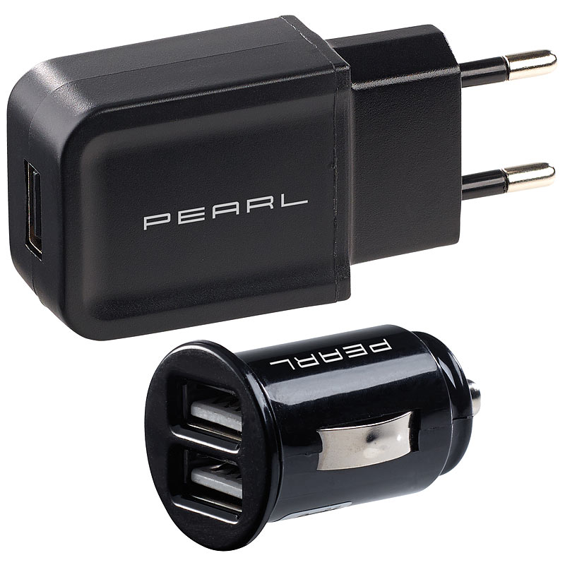 USB-Ladeset mit 230-V-Netzteil (2 A) & 2-Port-Kfz-Ladegerät (2,1 A)