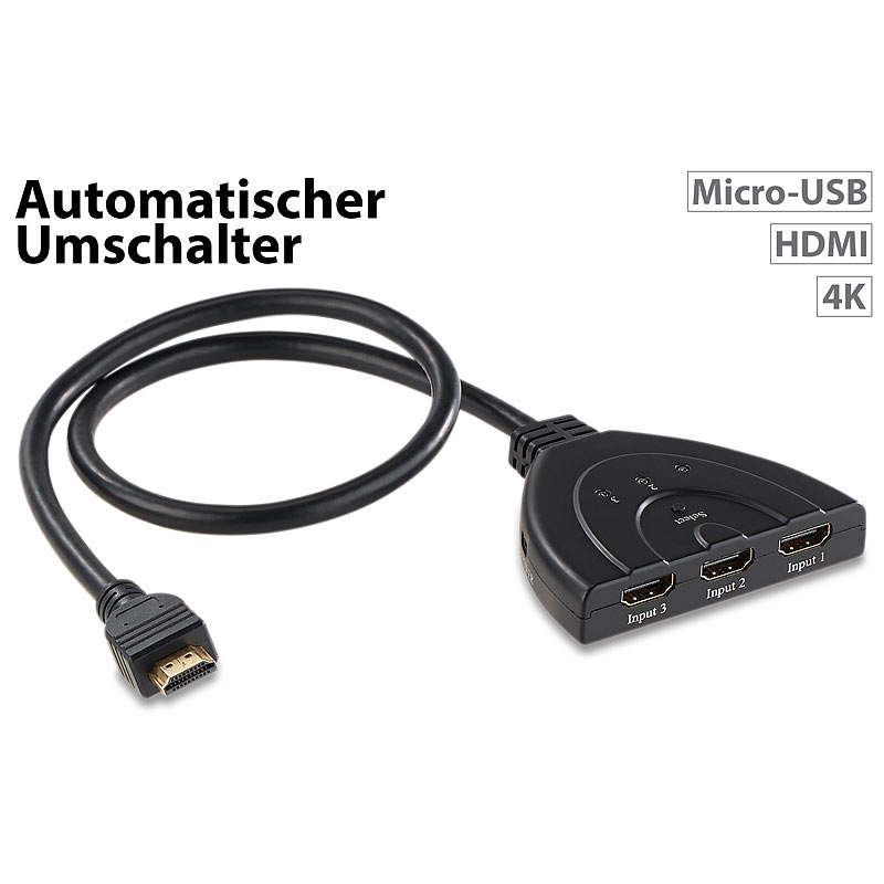 3-fach-HDMI-Switch für 4K-UHD-TVs, HDMI 2.0, automatische Umschaltung