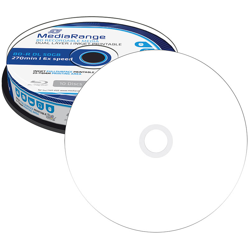 Blu-ray Rohling BD-R Dual Layer 50GB 6x speed, printable, 10er-Spindel