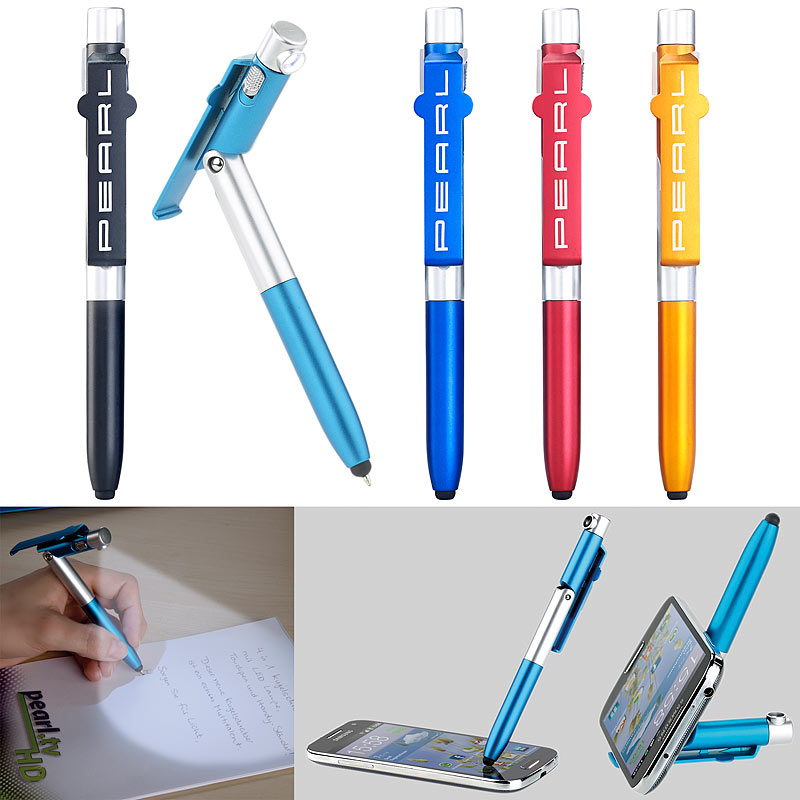 4in1-Kugelschreiber mit LED-Lampe, Touchpen und Handy-Ständer, 5er-Set