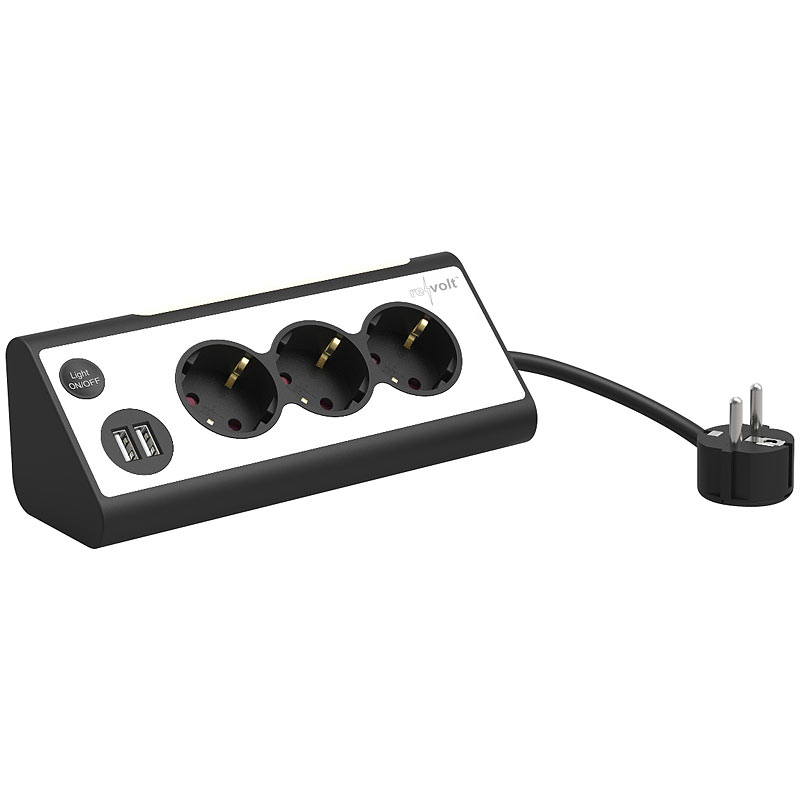 revolt 3-fach-Eck-Steckdosenleiste mit 2 USB-Lade-Ports und LED