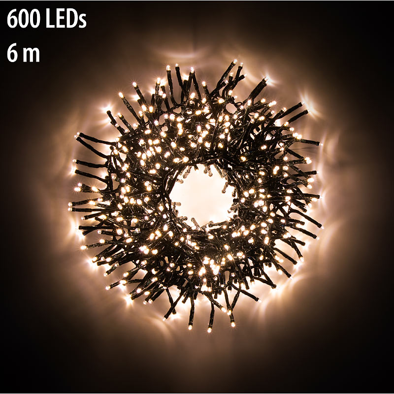 Lunartec LED-Büschel-Lichterkette, 600 LEDs, 8 Leuchtmodi, IP44, 6 m, warmweiß