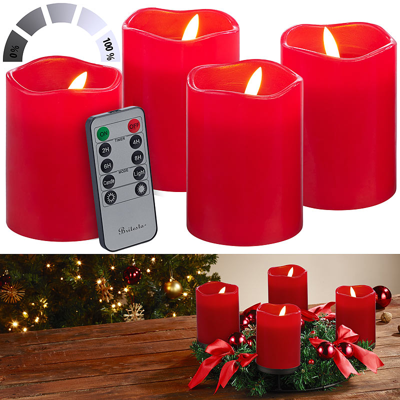 Britesta 4er-Set flackernde LED-Adventskerzen mit Fernbedienung, dimmbar, rot