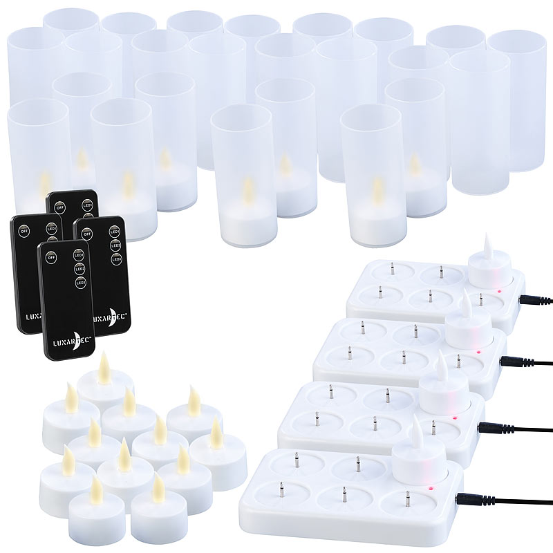 Lunartec 24er-Set Akku-LED-Teelichter mit Ladestation, Fernbedienung, 15 Std