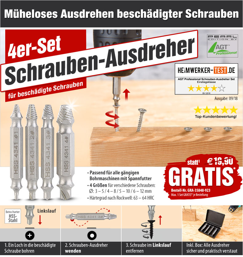 HotPriceMail - GRATIS statt 19,90 EUR: 4-tlg. Schrauben-Ausdreher-Set aus HSS-Stahl für beschädigte Schrauben